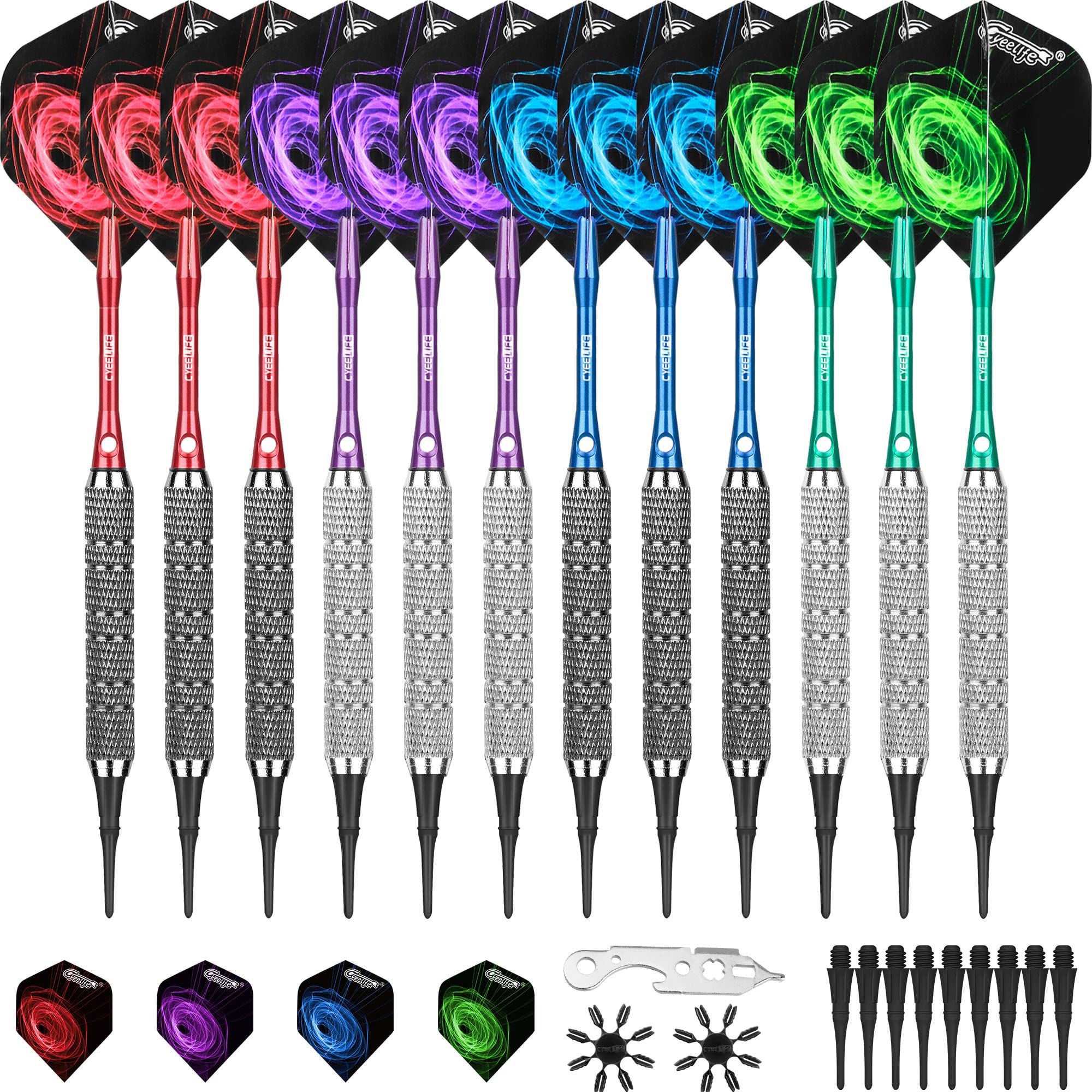 CyeeLife Soft tip Darts set 18g Black&Sliver Barrels,100 Plastic Points+Tool+12 Aluminium shafts+16 Flights,Home Dart set 12pcs of 1 Packs
