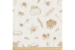 Lunarable Bee Fabric by The Yard, Monochromatic Design Sketchy Pattern with Insects Honey Bread Slice Petals and Comb, Decorative Fabric for Upholstery and Home Accents, 1 Yard, Ivory Amber