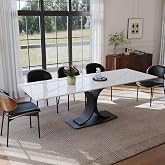 Modern Extendable Dining Room Table - 63" to 94.5" Expandable Dining Table for 6-12, Glossy White Sintered Stone Top with Black Metal Base, Easy Assembly Kitchen Table Only