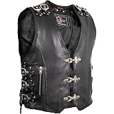 Men's motorcycle leather vest with adjustable buckles in black