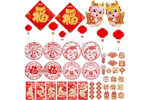DUNCHATY 42PCS Chinese New Year Decorations 2024, Lunar New Year Decor Red Paper-cuts Lanterns Dragon Red Envelopes Dragon Door Stickers Lucky Hanging Ornaments Window Stickers for Spring Festival Party Décor