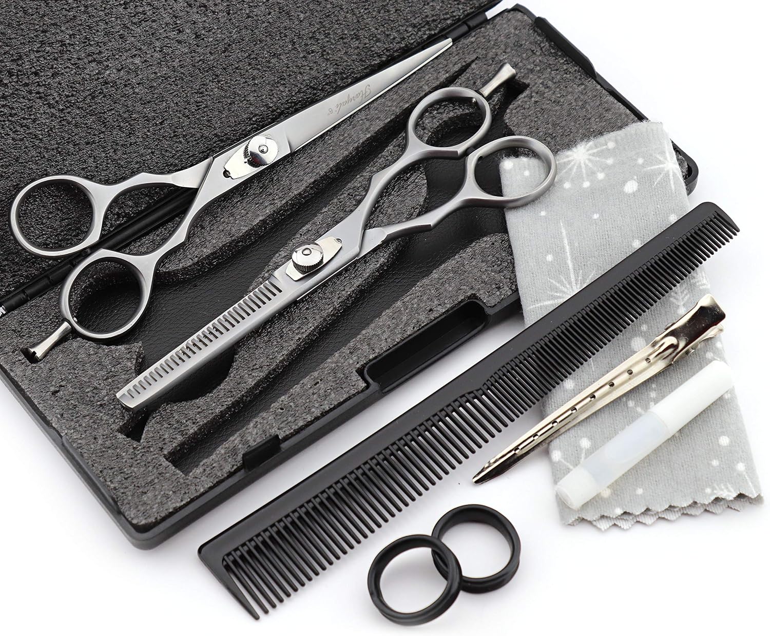 Haryali London Professional Hairdressing Barber Scissors Set Thinning Texturing Hairdresser Hair Cutting Shears with Adjustable Screw, Comb, Oil Bottle, Cloth and Hair Clipper Comes in Black Box - Image 4