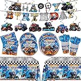 177pcs Monster Truck Plates Napkins Birthday Decorations Disposable Tableware Set Include Plates, Napkins, Cups, Cutlery, Banner, Hanging Swirls, Tablecloth for Monster Truck Party Supplies Serve 24 ﻿