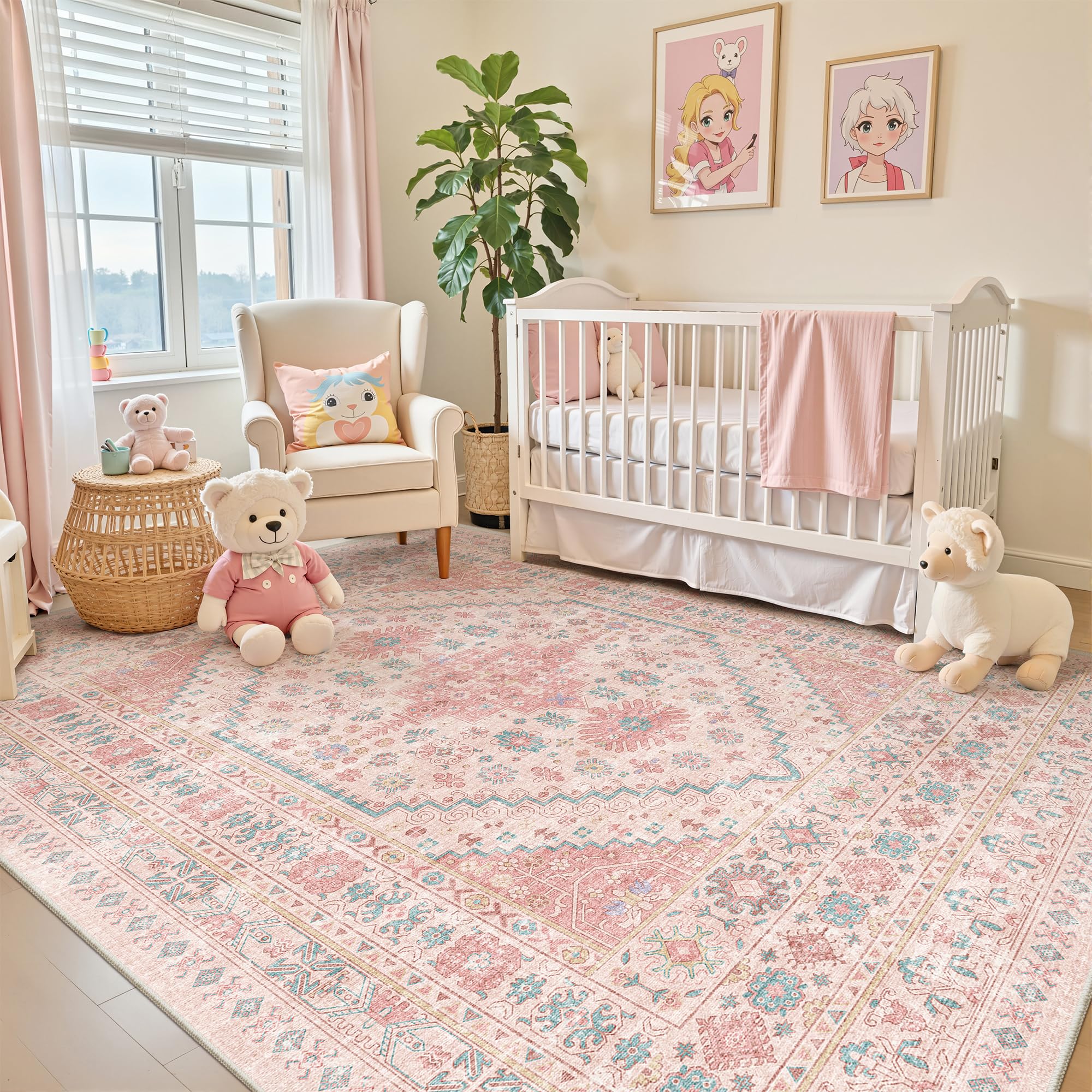 zesthome Pink Rug - 5x7 Area Rugs for Bedroom, Stain Resistant Washable Rugs for Nursery Room, Living Room, Home Decor, Girls Rug (Pink/Blue,5'x7') Image