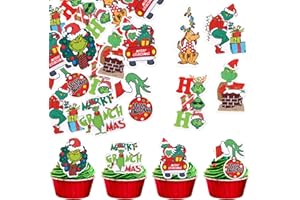 ZHUOWEISM 64 PCS Edible Merry Christmas Cupcake Toppers Green Monster Drink Up Hand Cupcake Picks Edible Dog HoHoHo Grass Circle Car Cake Decorations for Merry Christmas Theme Xmas Holiday Party Supplies