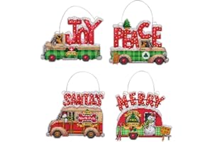 Dimensions Holiday Truck Christmas Ornaments Counted Cross Stitch Kit for Beginners, 14 Count Plastic Canvas, 4pc