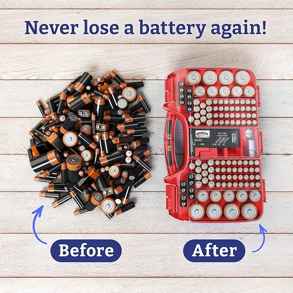 BATTERY ORGANIZER STORAGE CASE WITH TESTER, HOLDS 180 BATTERIES, CLEAR HINGED COVER, LOCKING LID – FOR AA, AAA, C, D AND MORE, RED