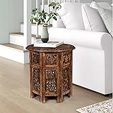 Lightnpro Handcrafted Wooden Round Accent Table - Vintage Farmhouse Octagonal Side End Table with Intricate Carvings for Livi