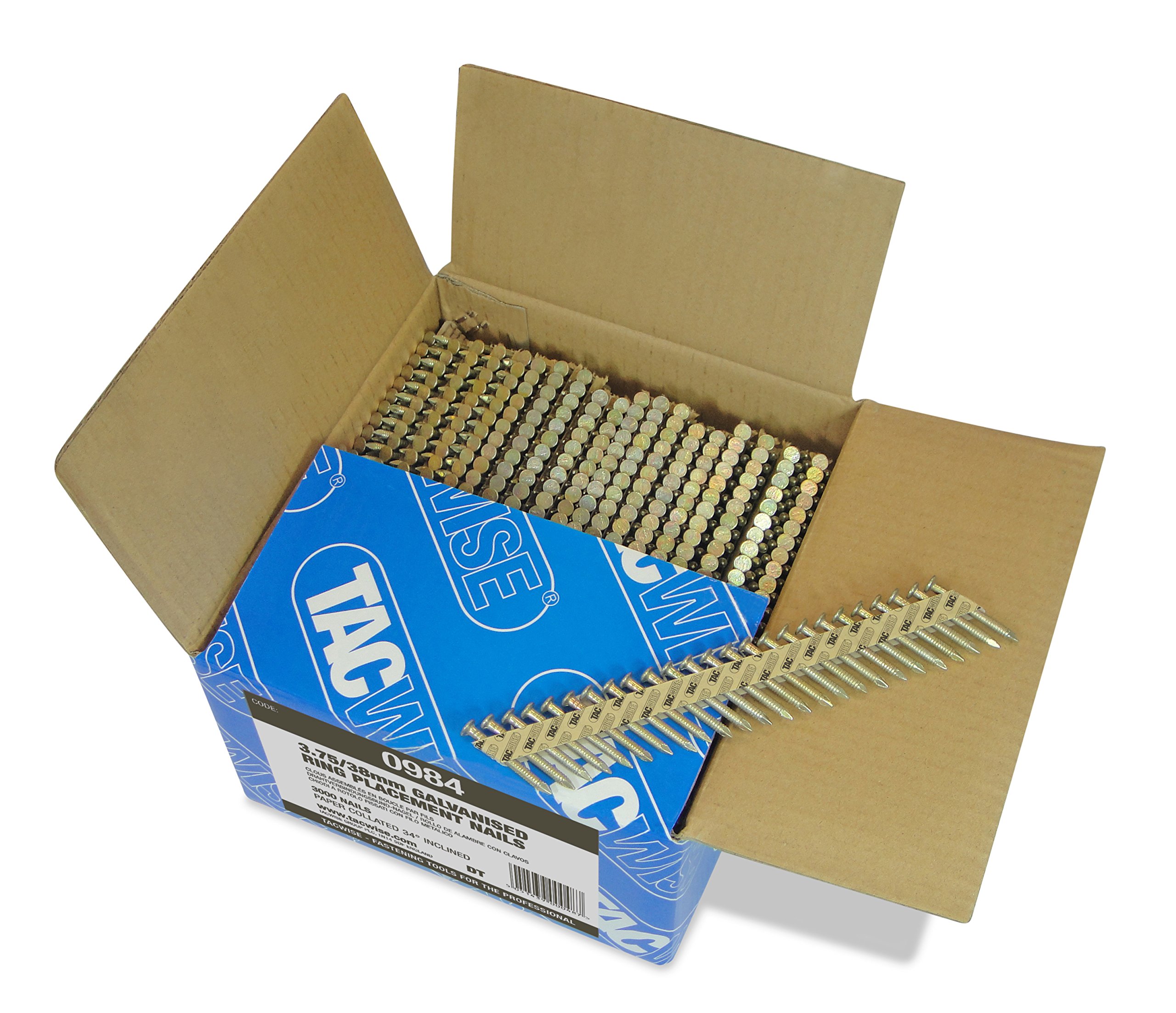 Tacwise 0984 Extra Galvanised Framing Nails 3.75 / 38 mm, Positive Placement, Round Head, Ring Shank, 34° Inclined, Paper Collated, Pack of 3,000