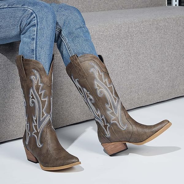 HISEA ROLLDA COWBOY BOOTS FOR WOMEN, COWGIRL BOOTS, COMFORTABLE WESTERN BOOTS WITH POINTED TOE STITCHED EMBROIDERY FOR COUNTRY CONCERT DANCING WEDDING TRAVELING DAILY OUTFITS