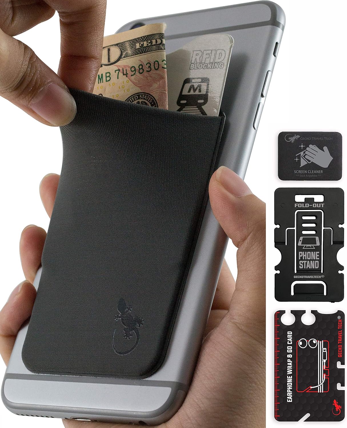 Gray Gecko Phone Case Card Holder Stick On - Gray Black Adhesive Phone Wallet - Stretchy Pocket with Bonus Stand & Screen Cleaner