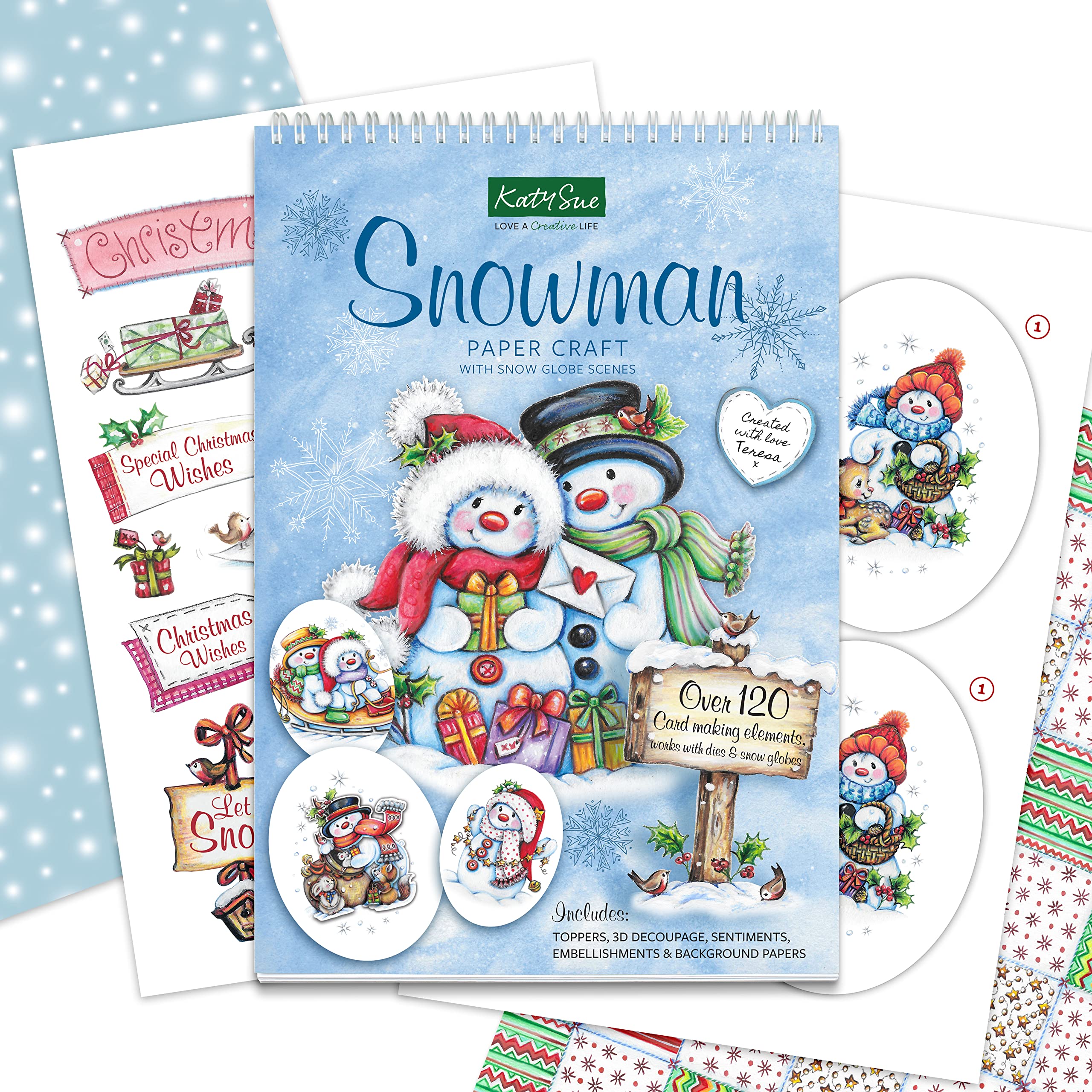 Katy Sue Snowman Paper Craft Pad for Card Making & Crafts - Contains A5 & A6 Card Toppers, Snow Globe Scenes, Sentiments & Background Papers (NOT Pre/Die-Cut)