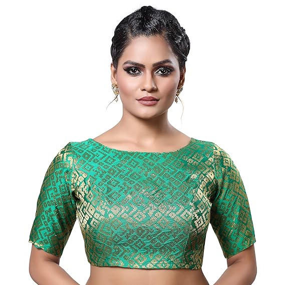 Traditional Rich Brocade Readymade Stitched Blouse with Boat Neck and Elbow Length Sleeves