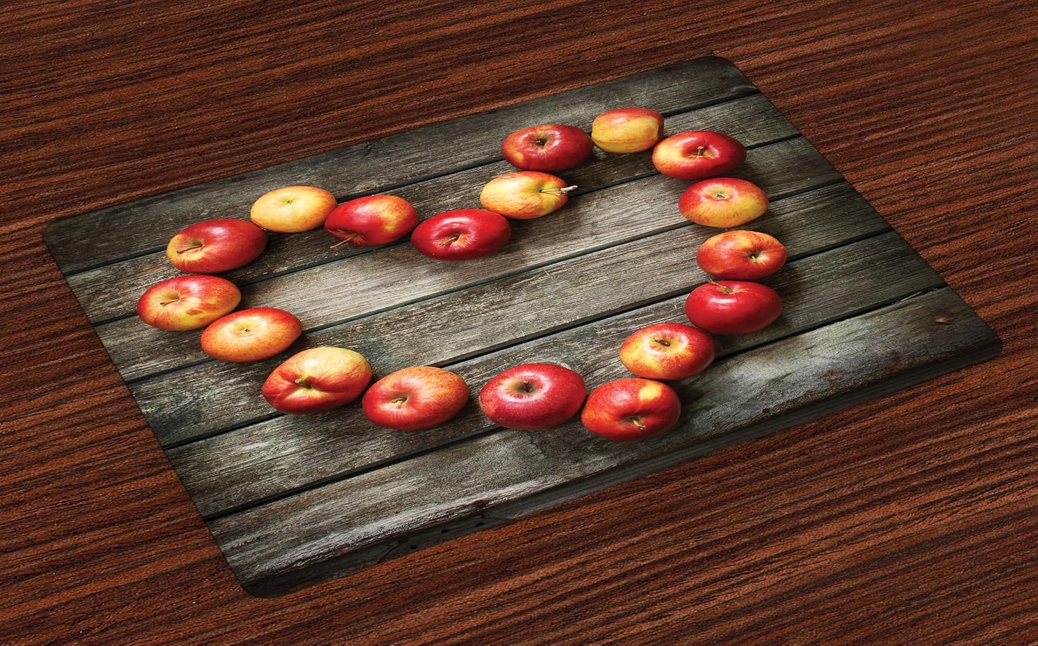 Lunarable Rustic Place Mats Set of 4, Rustic Wooden Surface Fresh Ripe Apples Veggies Fruit Healthy Living Theme, Washable Fabric Placemats for Dining Room Kitchen Table Decor, Brown Red