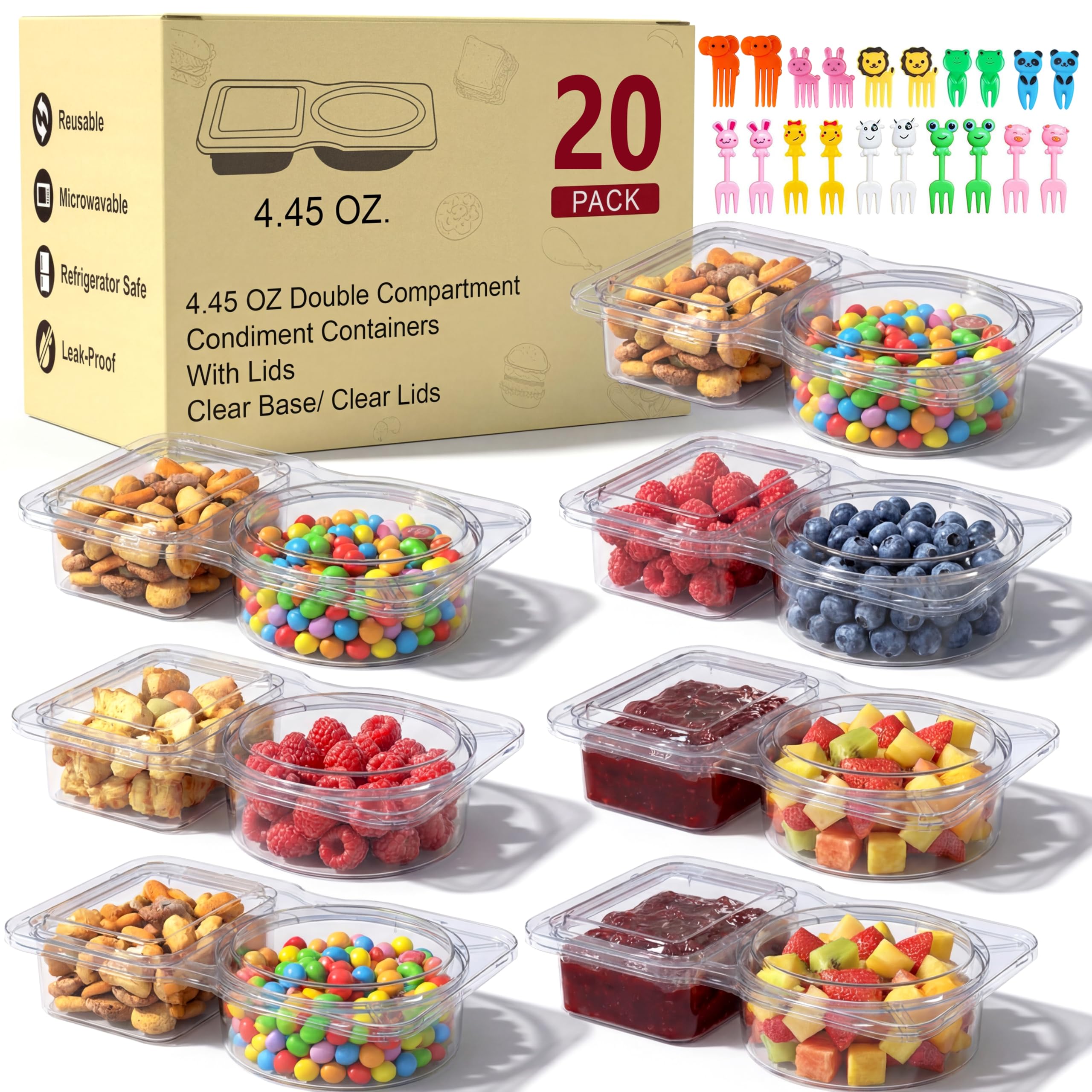Photo 1 of 20 Pack Reusable Snack Containers with Lids, Double Compartment Snack Containers for kids & Adults -2 Compartment Condiment Containers, Dishwasher & Microwave Safe, for Portion Control, Meal Prep