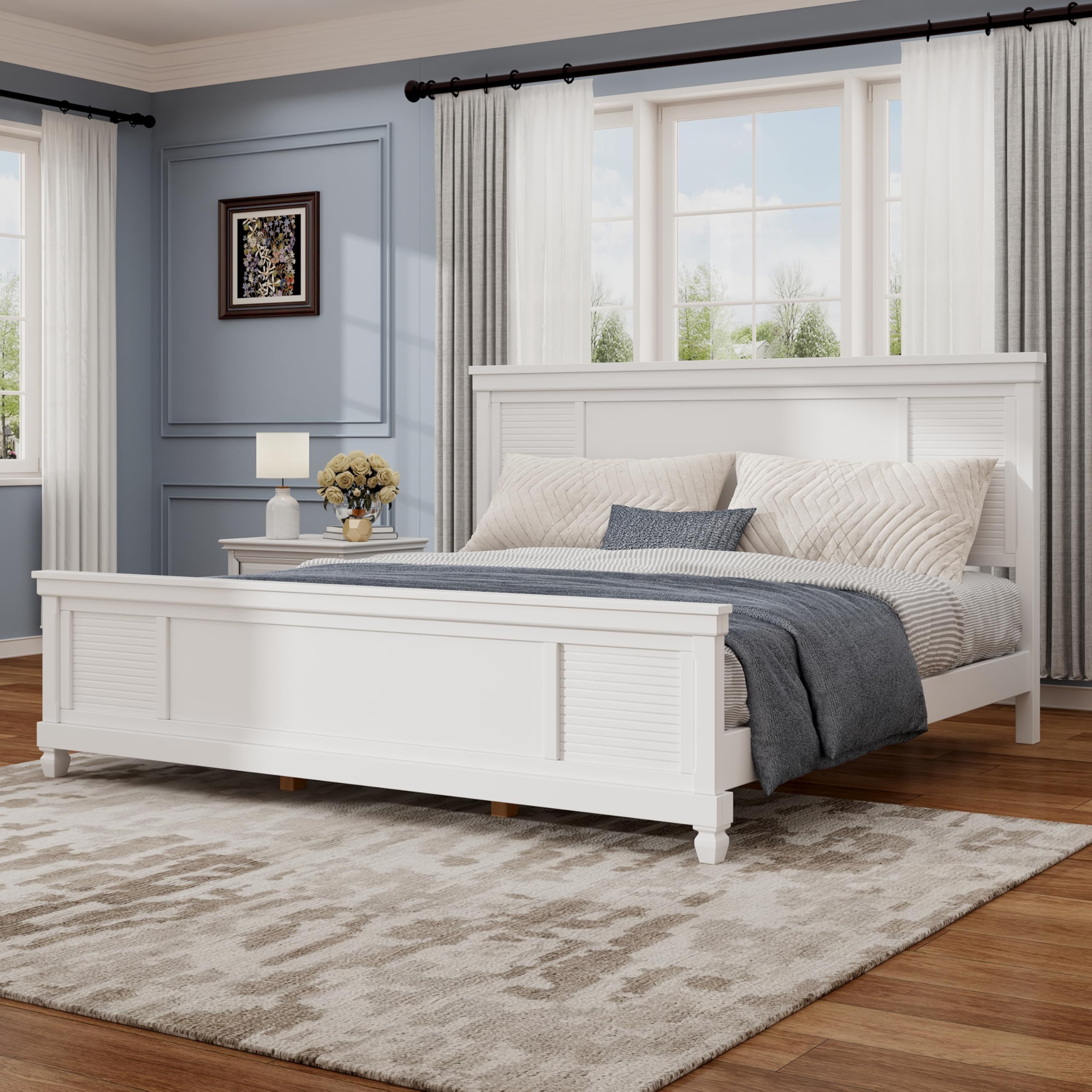 Photo 1 of ***PARTIAL SET*** ***BOX 1 OF 2 ONLY*** Merax King Size Bed Frame and Wood Headboard, Farmhouse White Platform Bed Frame with Sturdy Wooden Support Slats, No Box Spring Needed, Holds up to 800 Pounds, Noise-Free, Easy Assembly