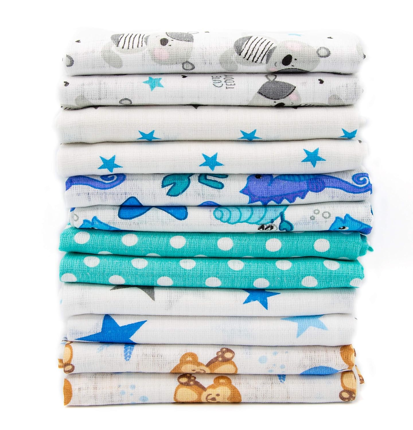 Clevere Kids Mulltücher 12er Pack | Motive für Jungen oder Mädchen | 70x80 | OEKO-TEX (Set Jungs bedruckt)