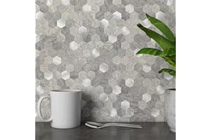 M MOFIT MOFIT Hexagon Peel and Stick Backsplash Tiles Kitchen,Self-Adhesive Metal and Marble Honeycomb Peel and Stick Wall Tiles Sticker Mosaic Heat Resistant(Gray,10sheets)