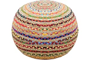 COTTON CRAFT Jute Chindi Pouf Ottoman – One of a Kind Jute Cotton Braided Moroccan Boho Kilim Foot Stool Bean Bag Accent Seating – Bedroom Dorm Kids Room Rustic Decorative Round Pouf – 18x14 - Multi