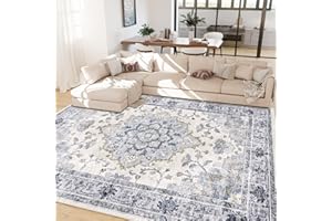 CAPALOCA Machine Washable 8x10 Area Rugs for Living Room Vintage Rugs Carpet Rugs Non Slip Low Pile Water Repellent Soft Print Pattern for Bedroom Indoor Decor Polyester Rug Bluewhite