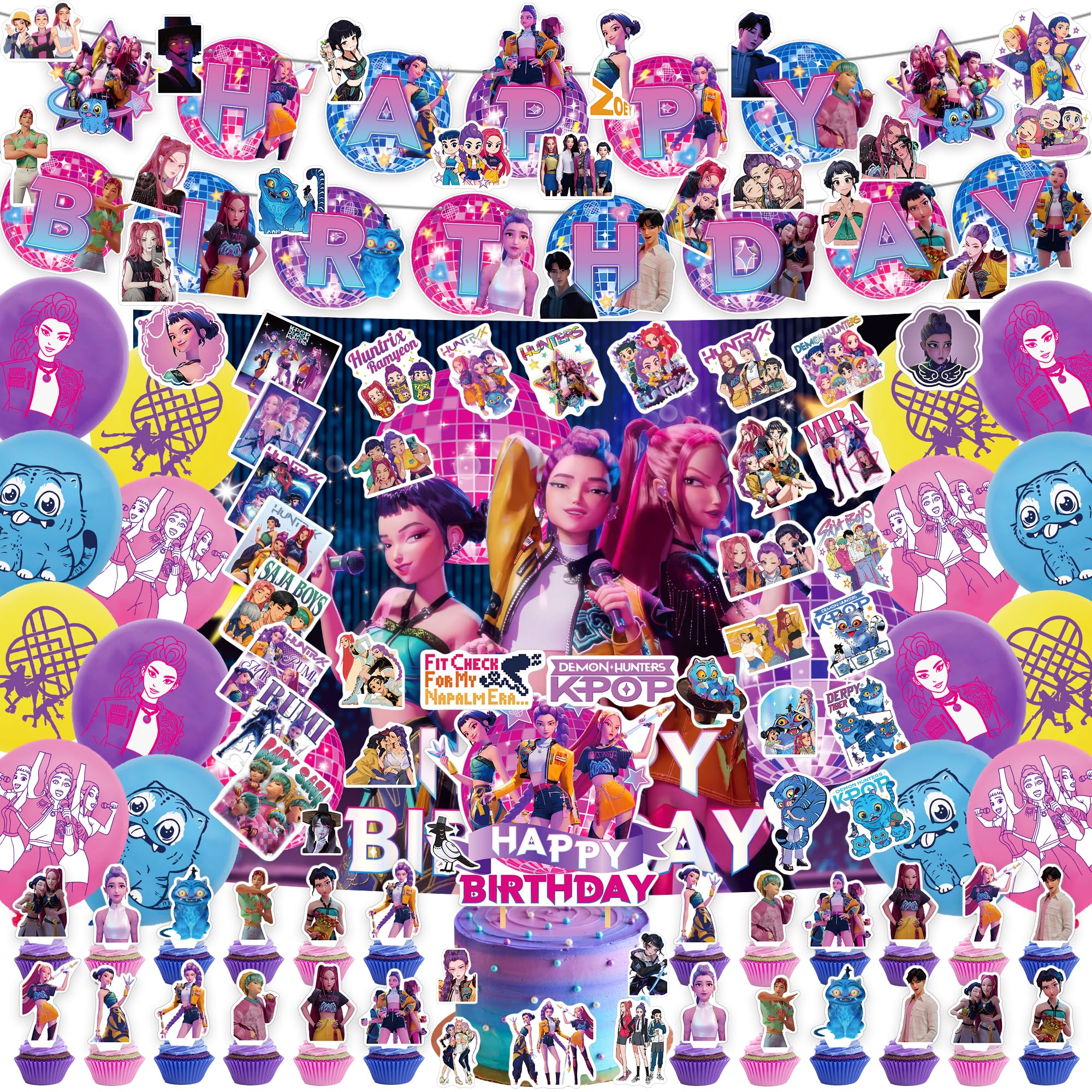 Photo 1 of 117 Pc Birthday Decorations With 60 Stickers Korean Idol Movie Happy Birthday Banner Supplies Decorations Letter Balloons Pink Girls for School Classroom Decor, Fan Meeting, Birthday-Parties Etc