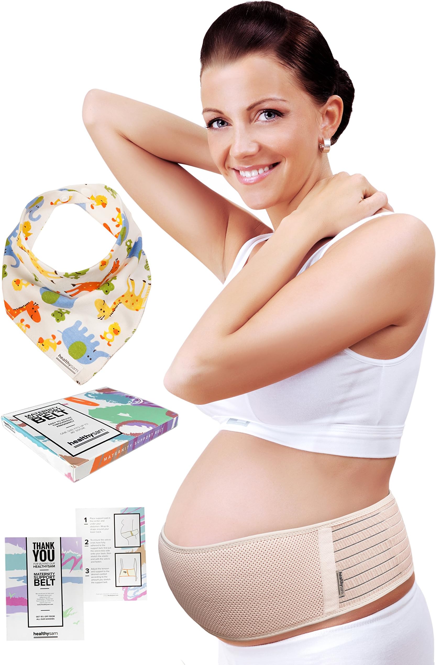 Maternity Belt Plus Baby Bib by HealthySam - Breathable Belly Band for Pregnancy - Lower Back and Pelvic Support - Comfortable Pregnancy Belt for Belly - One Size - Beige