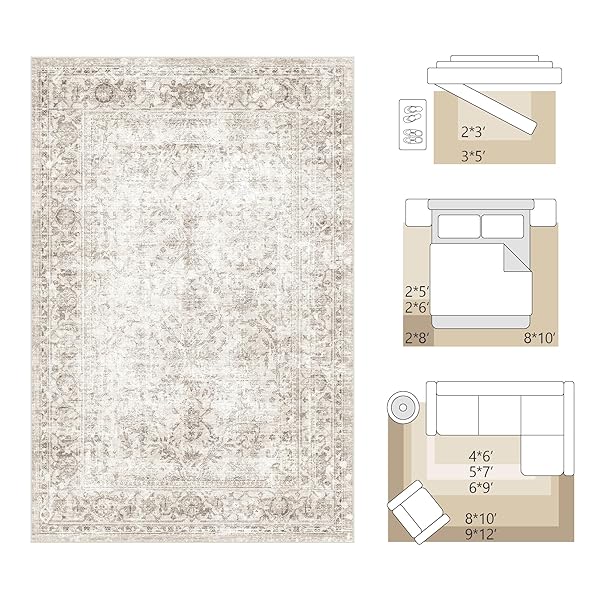 FMFUNCTEX 8X10 WASHABLE AREA RUG BEIGE VINTAGE NEUTRAL DISTRESSED LARGE NON SLIP CARPET FOR LIVING ROOM BEDROOM SOFT LOW PILE INDOOR MAT RETRO FLORAL THROW RUG FOR DINING ROOM KITCHEN OFFICE NURSERY