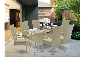 East West Furniture OSOS7-03A Oslo 7 Piece Patio Furniture Wicker Outdoor Set Consist of a Rectangle Dining Table with Glass Top and 6 Balcony Armchair with Cushion, 36x60 Inch