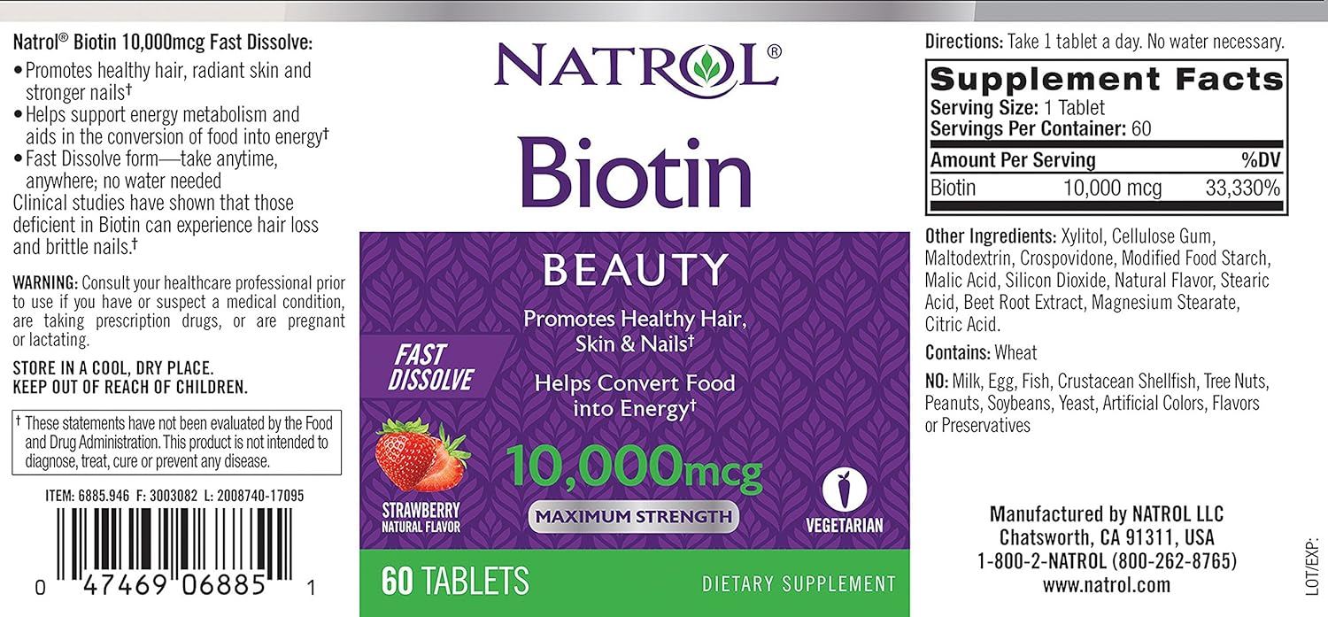 Natrol Biotin Beauty Tablets, Promotes Healthy Hair, Skin & Nails, Helps Support Energy Metabolism, Helps Convert Food Into Energy, 10,000mcg, 60Count, Strawberry: Health & Personal Care