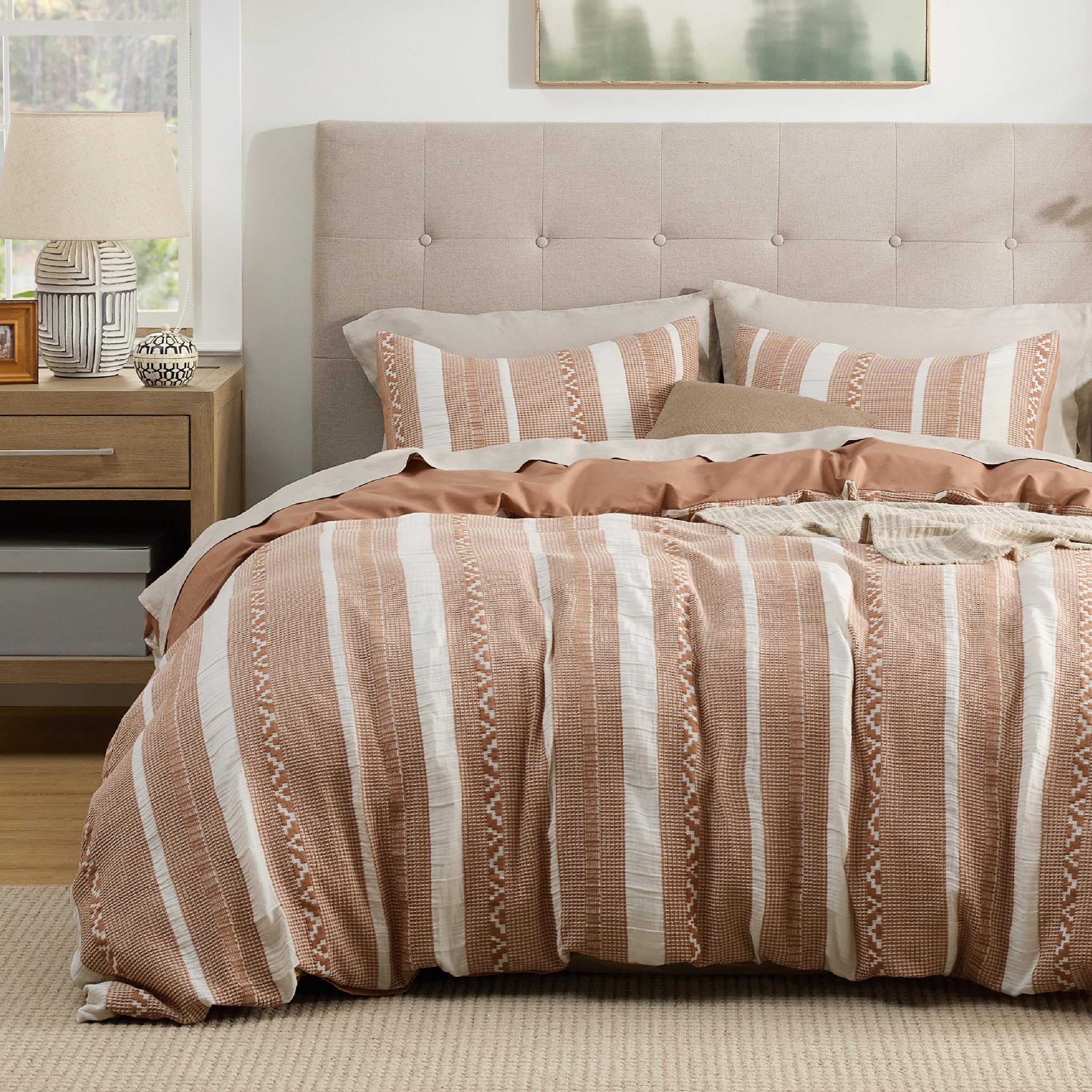 Bedsure Waffle Weave Duvet Cover Queen - 100% Cotton Boho Duvet Cover Set with 2 Pillowcases - Extra Soft Terracotta Textured Comforter Cover with Zipper Closure (Queen, 90"x90") Image