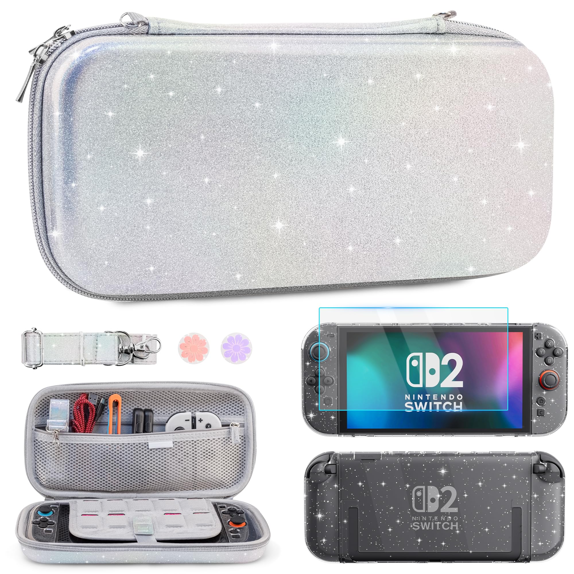 Photo 1 of RHOTALL Silvery Glitter Carrying Case for Nintendo Switch 2,Cute Slim Hard Protective Travel Carry Case,Clear Glitter Dockable Shell Cover for Switch 2,Screen Protector,Shoulder Strap,2 Thumb Caps