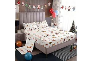 Feelyou Christmas Kids Bed Sheets Cute Snowman Santa Claus Sheet Boys Girls Cute Reindeer Bed Set Christmas Bells Cartoon Design Bedroom Collection 3Pcs Twin Size