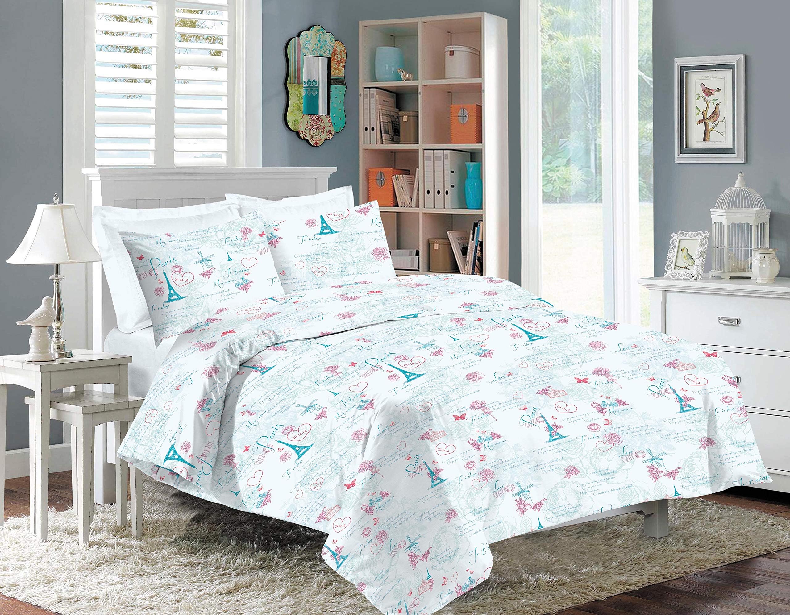 Eiffel Teal Paris Theme Luxurious Duvet Cover Sets Quilt Cover Sets Reversible Bedding Sets (Double)