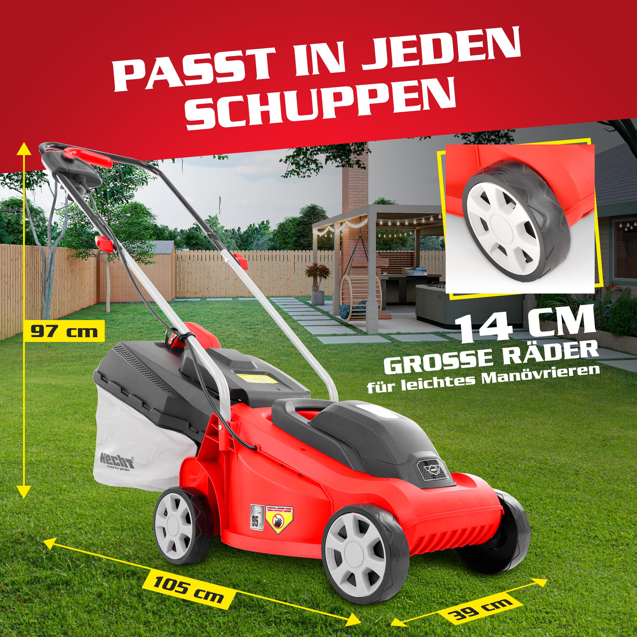 HECHT 2-IN-1 Elektro Rasenmäher mit 1300 Watt Motor – 33 cm Schnittbreite – Radschnitthöheneinstellung 20-60 mm – 30 Liter Fangkorb für einen schön gepflegten Rasen – Electric Lawnmower 4