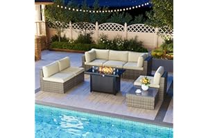 Green4ever 8 Pieces Outdoor Patio Furniture Set with 43" Fire Pit Table, Wicker Outdoor Patio Sectional Sofas Coffee Table, All-Weather Patio Conversation Set with Cushions for Garden Backyard, Beige