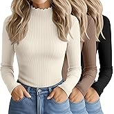 Oakgarden 3 Pack Women's Cotton Long Sleeve Mock Turtleneck Tops Ribbed Lettuce Trim Slim Fit Shirts Thermal Base Layer