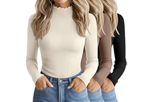 Oakgarden 3 Pack Women's Cotton Long Sleeve Mock Turtleneck Tops Ribbed Lettuce Trim Slim Fit Shirts Thermal Base Layer