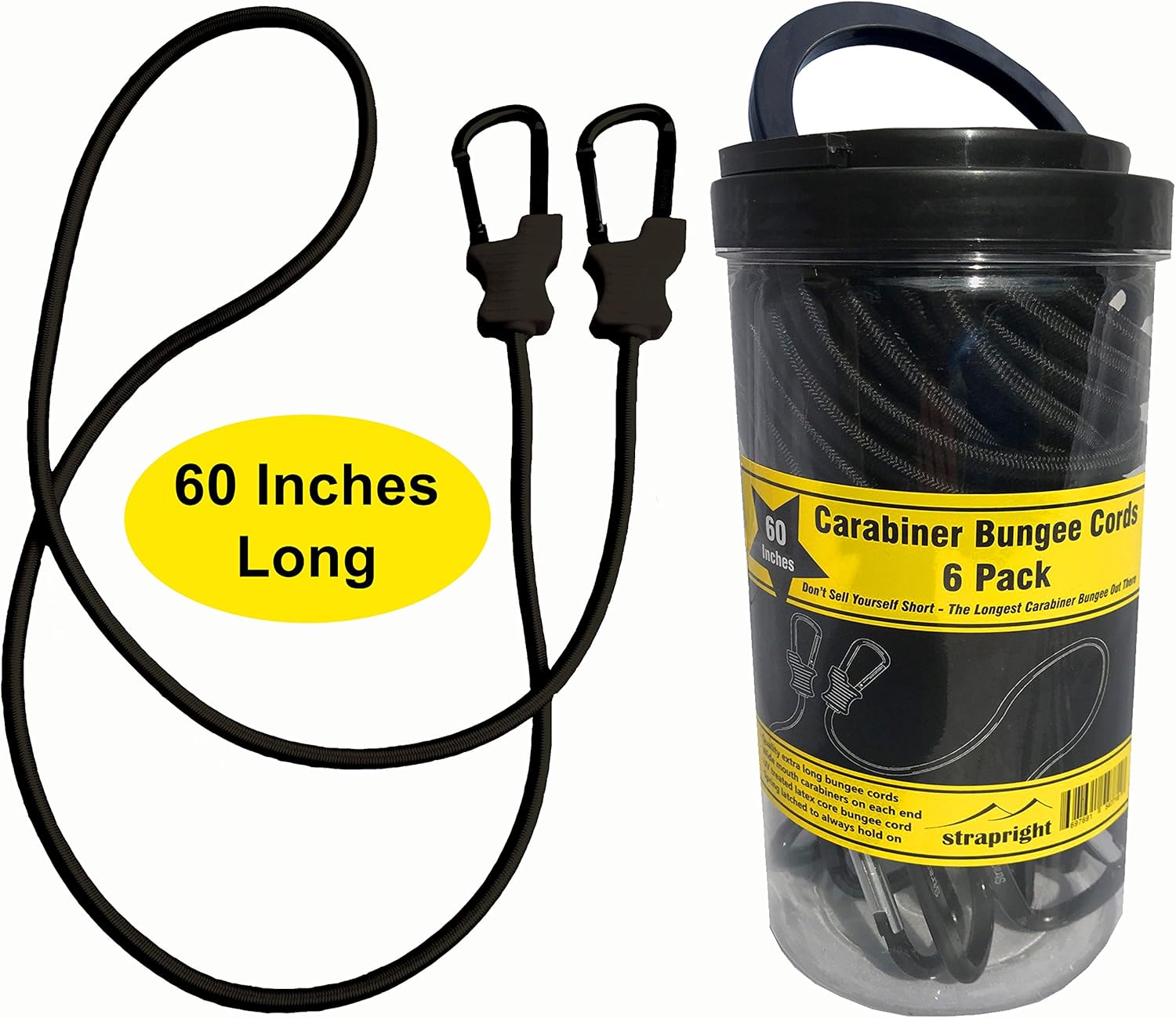 Bungee Cord with Carabiners Super Long 60" | 6 Pack UV Treated with Superior Latex Core which Lasts Longer than Flat Bungees | Strong Wide Mouth Hook Locks onto Anchor Points with Ease (Black) - - 