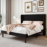 SHA CERLIN Full Size Velvet Bed Frame with Vertical Channel Tufted Wingback Headboard, Upholstered Platform Bed with Wood Slats, No Box Spring Needed, Easy Assembly, Black