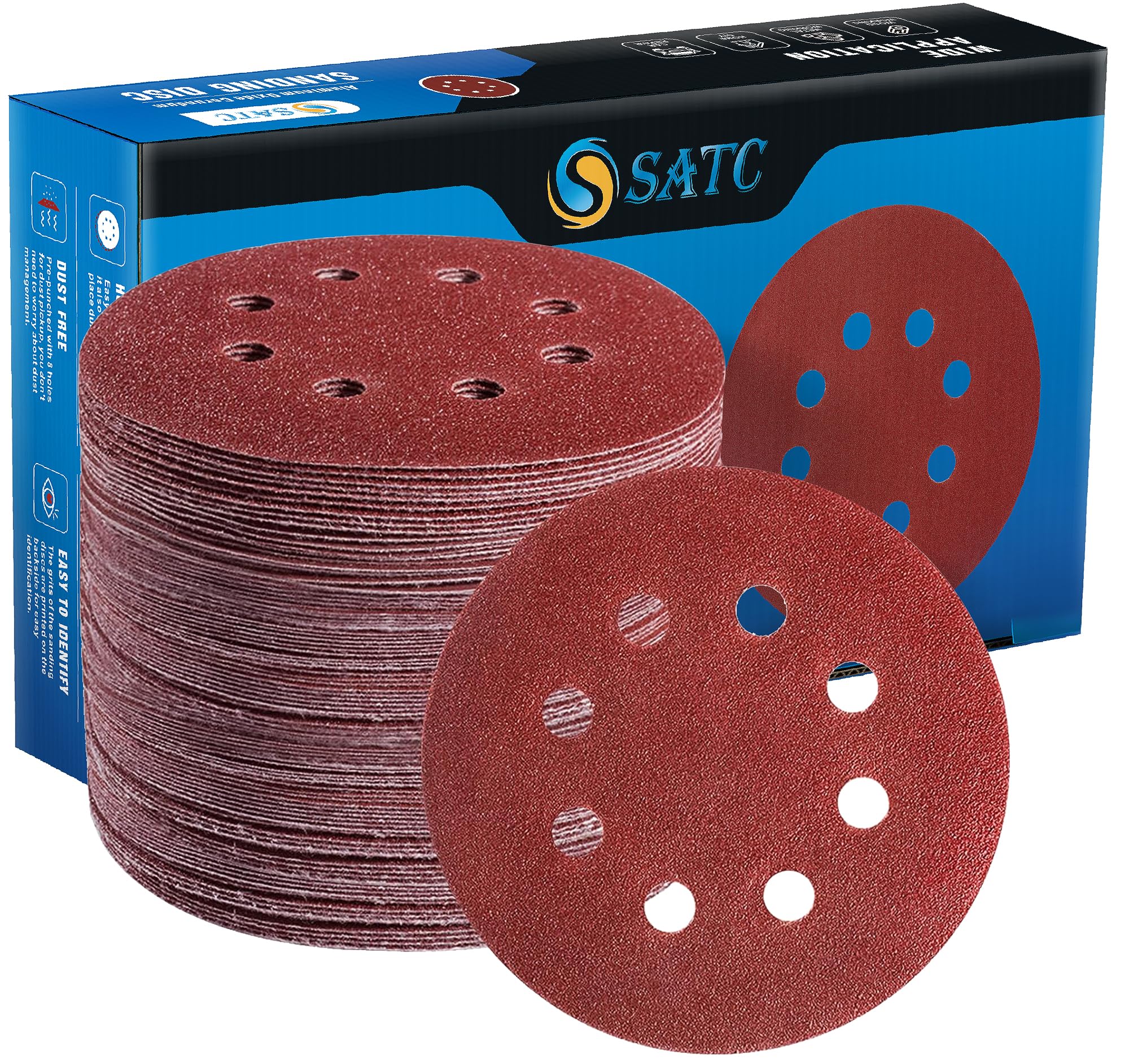 SATC 125mm Sanding Discs 72Pcs Orbital Sander Discs Hook and Loop 125mm Sanding Pads for Random Orbital Sander, 40 60 80 120 180 240 320 Grits Sanding Discs