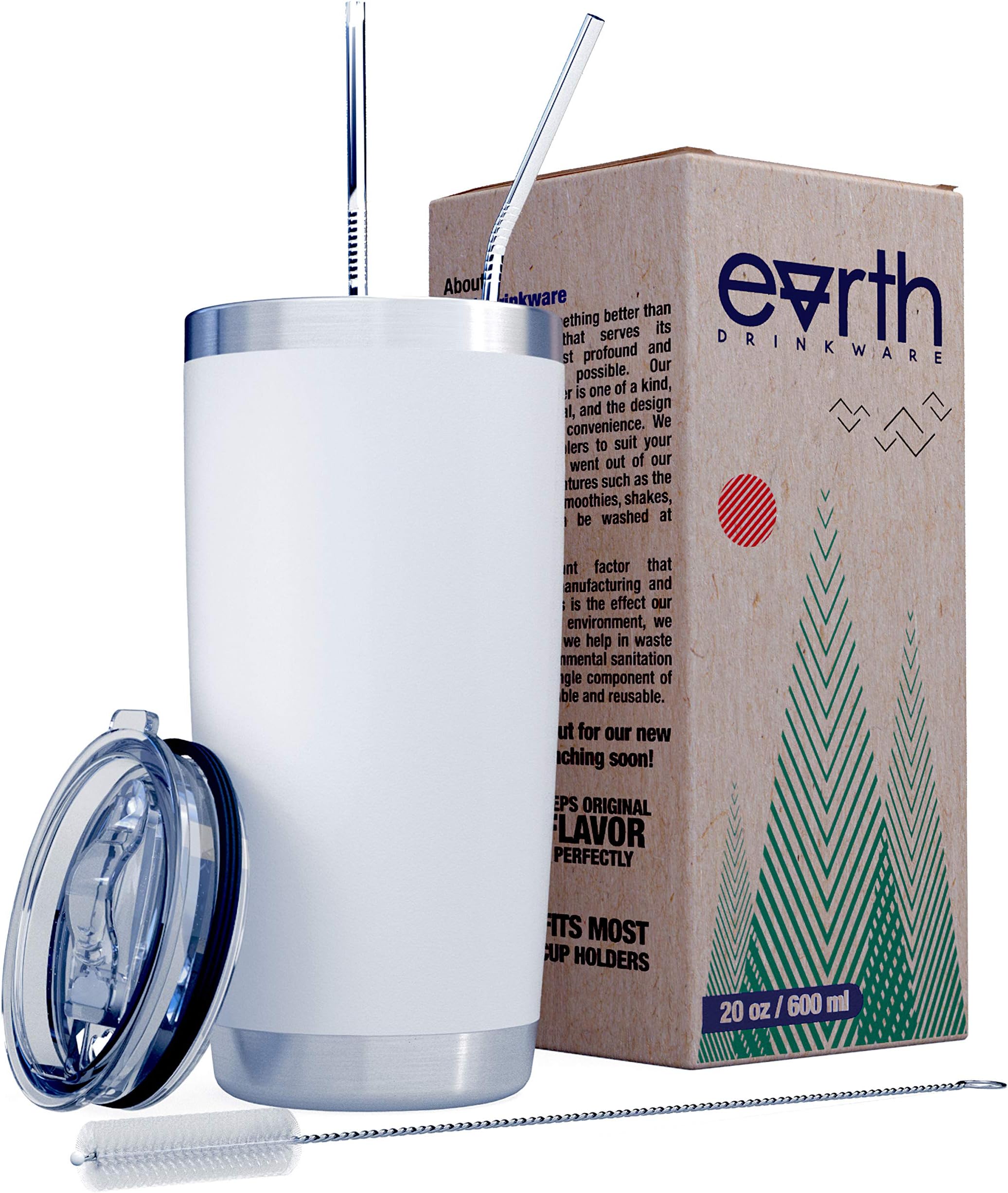EARTH 20 oz White Stainless Steel Tumbler with Splash Proof Lid, 2 Straws, Pipe Brush & Gift Box - Double Wall Travel Mug Flask | Vacuum Insulated Rambler Coffee Cup | BPA Free