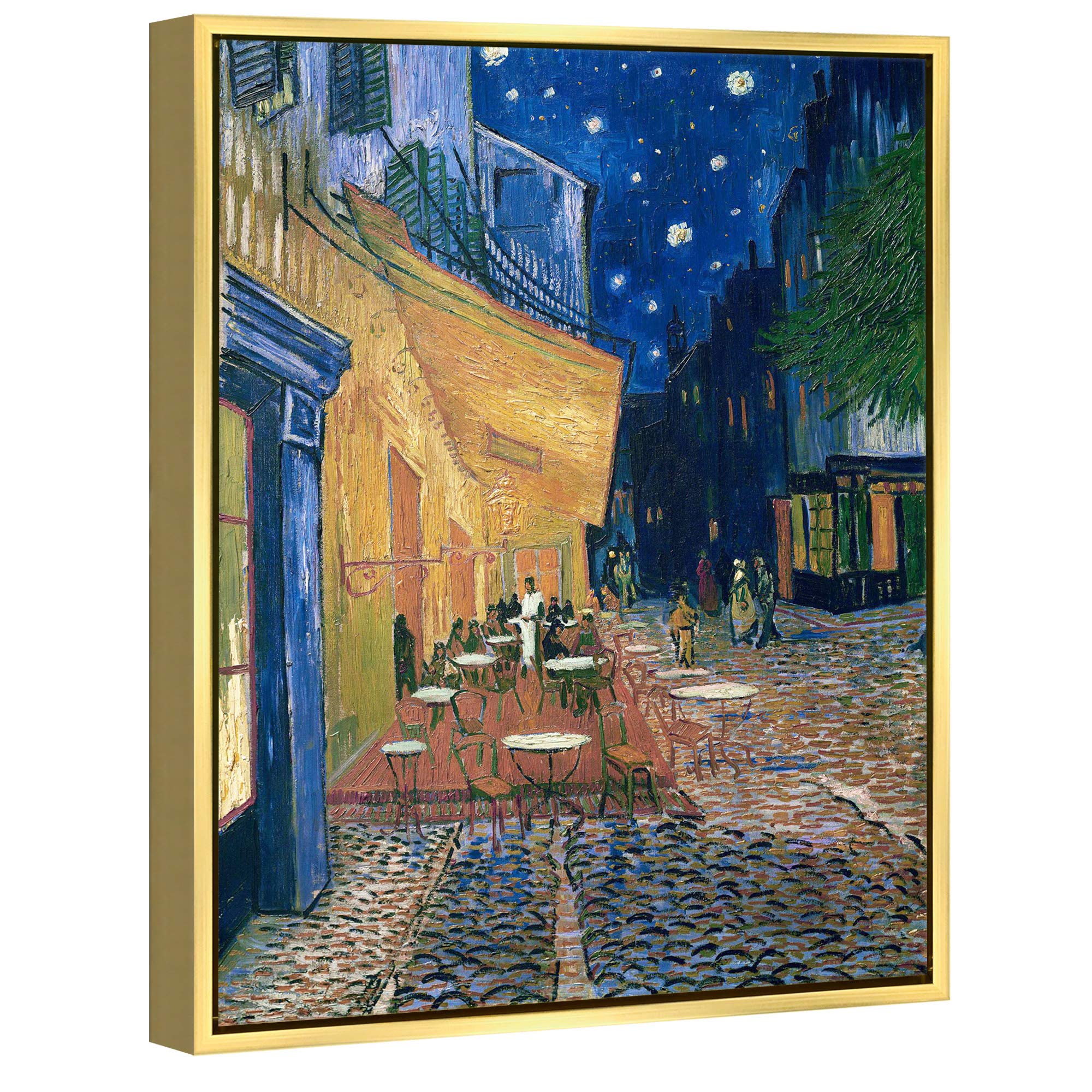 Wieco Art Gold Framed Cafe Terrace at Night by Van Gogh Modern Cityscape Canvas Prints Pictures on Canvas Wall Art for Bedroom Kitchen Home Decoration