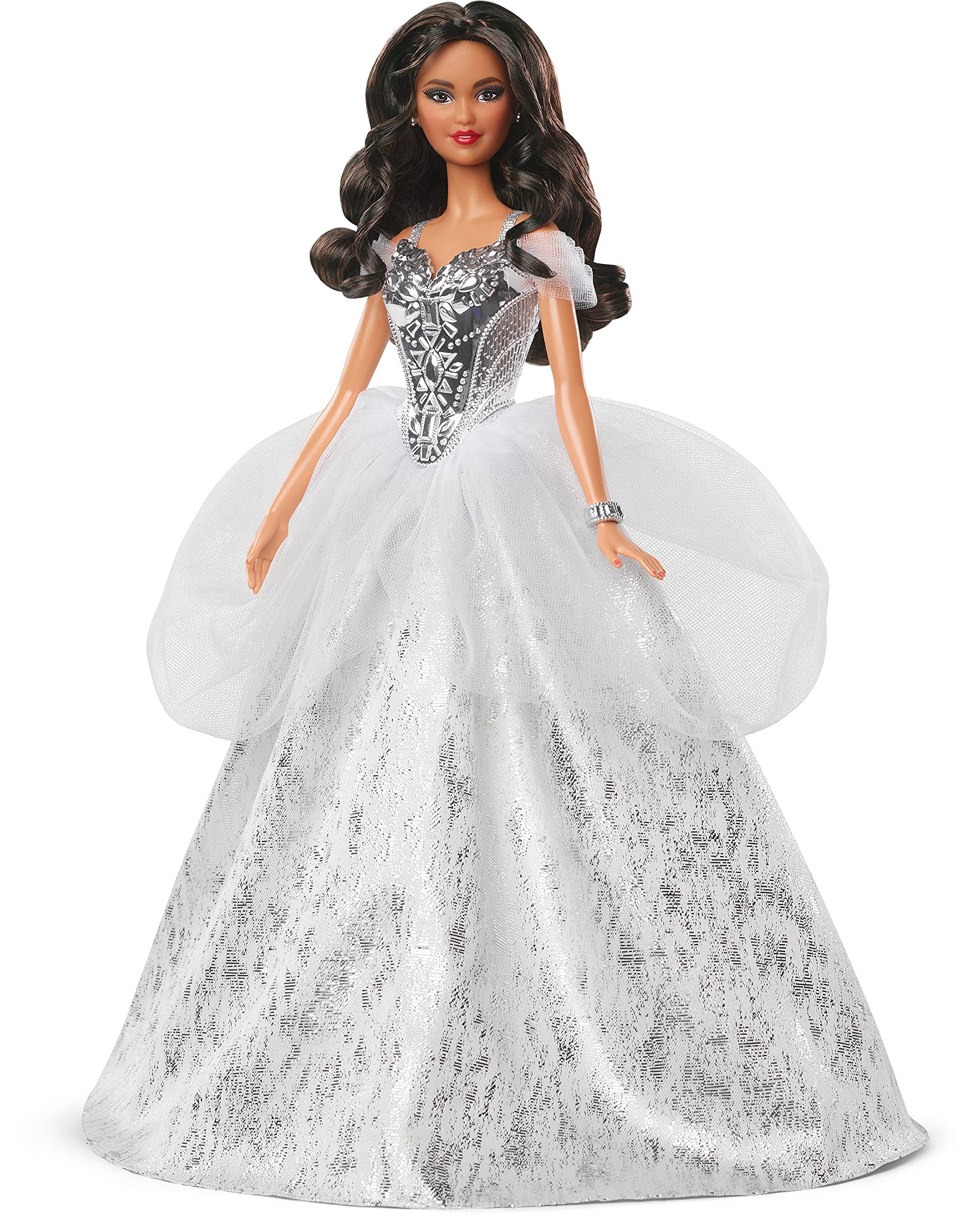 ​Barbie Signature 2021 Holiday Barbie Doll (12-inch Brunette Curly Hair) in Silver Gown, with Doll Stand and Certificate of Authenticity, Gift for 6 Year Olds and Up