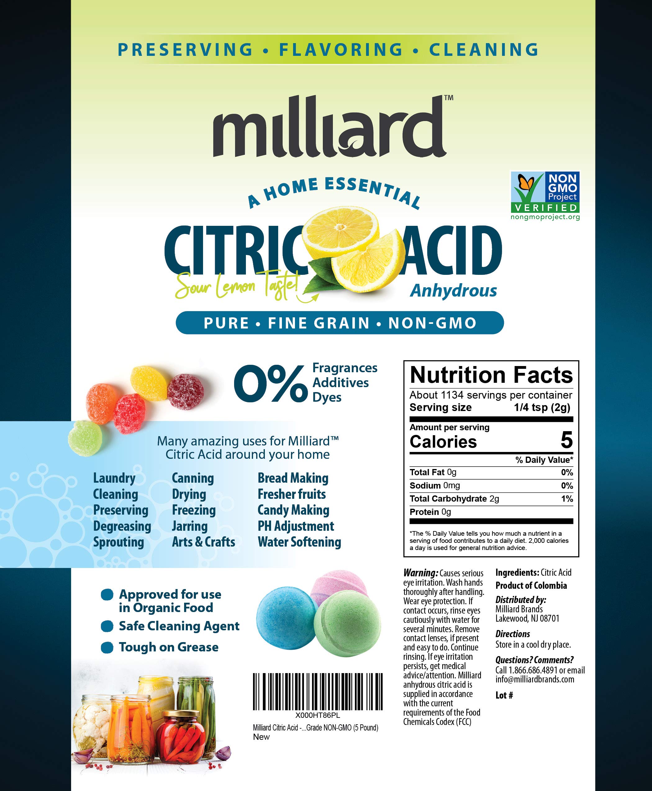 Milliard Citric Acid 10 Pound 100 Pure Food Grade NONGMO Project