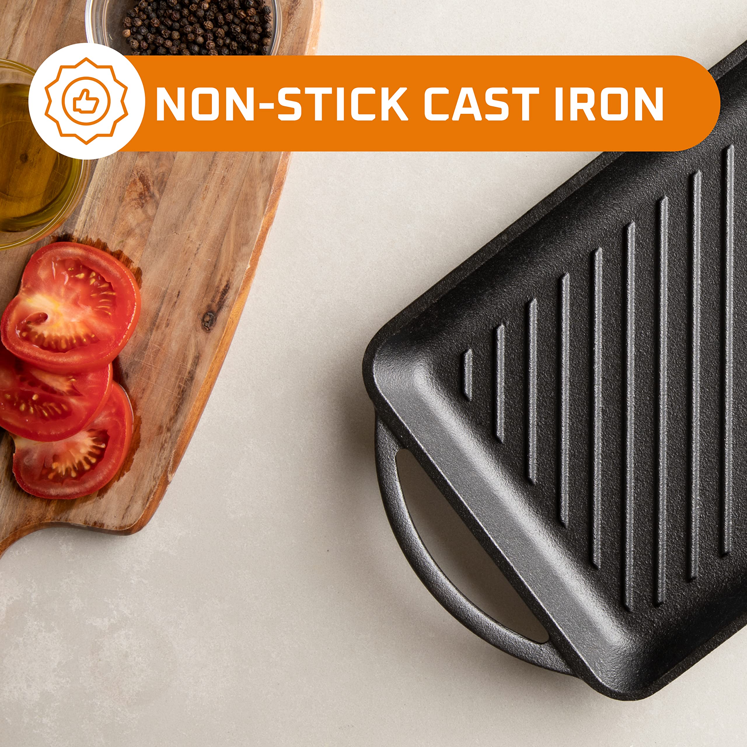 Bruntmor Rectangular Cast-Iron Grill Pan - Non-Stick Pan for Stovetop with Raised Lines for Perfect Seared Lines on Steak, Fish and BBQ - Chip Resistant - Loop Handles, Black