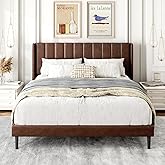Gruwans Queen Size Bed Frame with Upholstered Wingback Headboard, Easy Assemnly Platform Bed, Wooden Slat Support No Box Spring Needed, Dark Brown Leather
