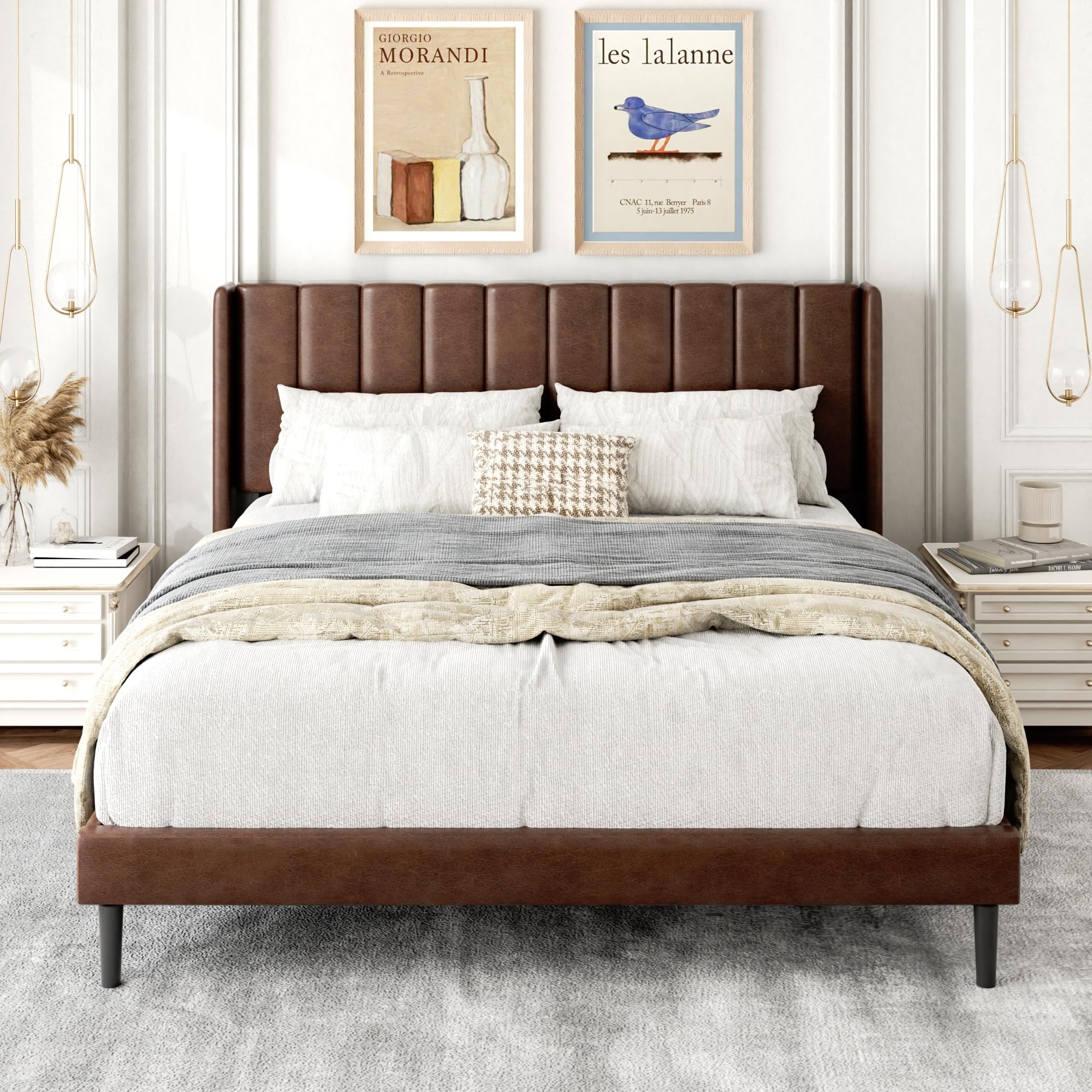 Photo 1 of ***(DAMAGED, SLIGHT CUT IN FABRIC)*** 
Gruwans Queen Size Bed Frame with Upholstered Wingback Headboard, Easy Assembly Platform Bed, Wooden Slat Support No Box Spring Needed, Dark Brown Leather