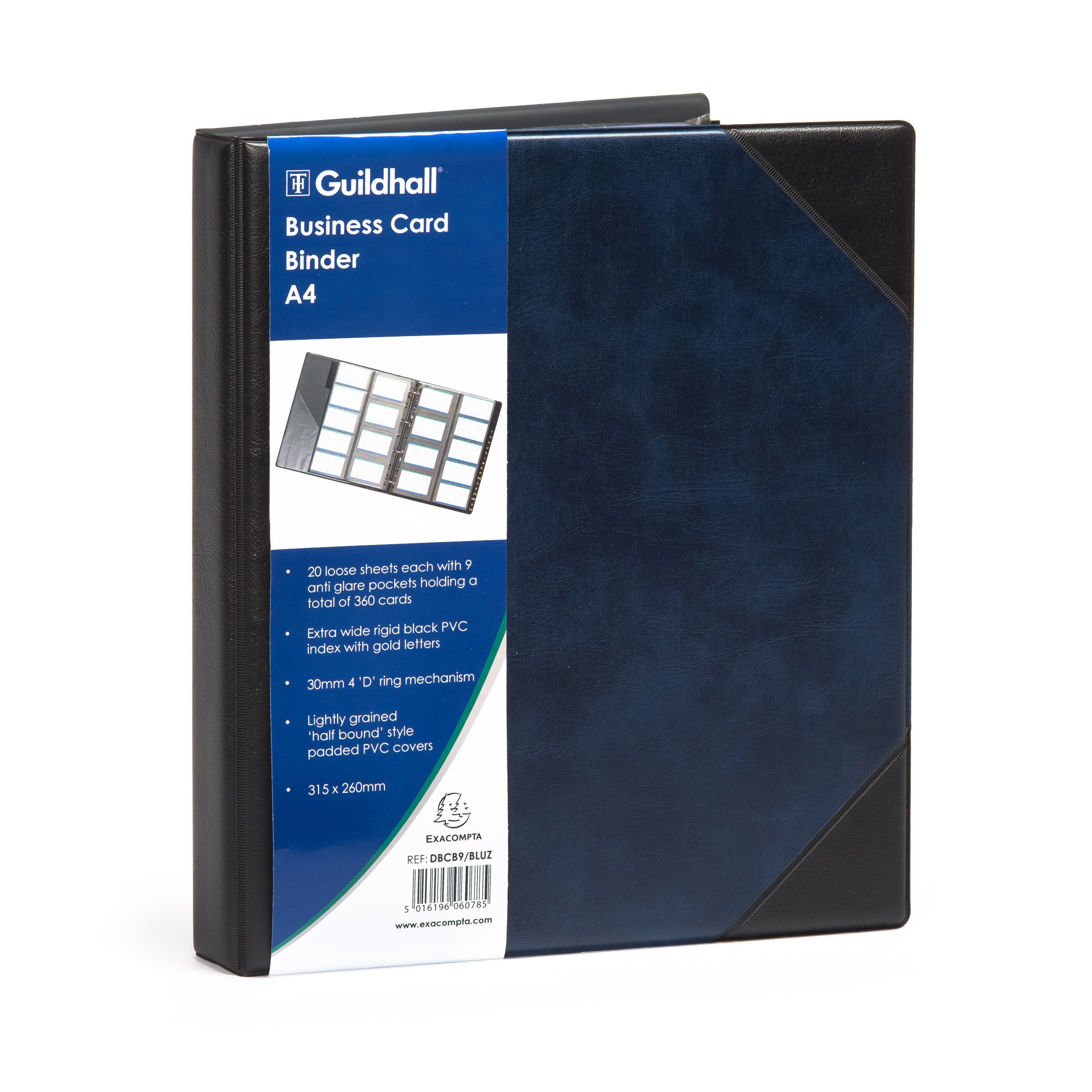 Exacompta - Ref DBCB9/BLUZ - Guildhall - Leatherette Business Card Binder, 315 x 260mm, 30mm D-Ring Mechanism, 20 Loose Sheets, 9 Anti-Glare Pockets, Holds 360 Cards Total - Blue