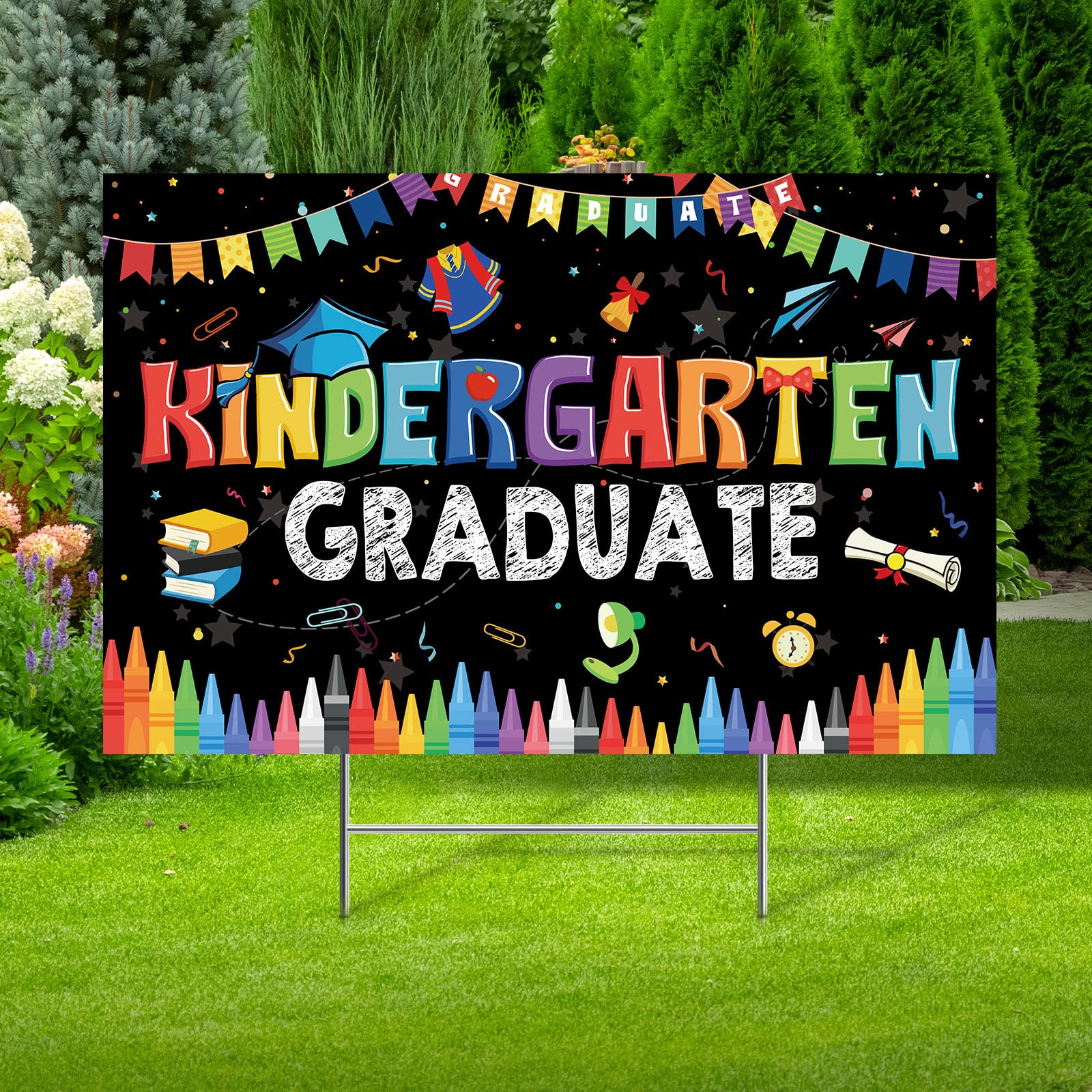 Photo 1 of Maitys Graduation Kindergarten Yard Sign 2025 Graduation Outdoor Decoration Kindergarten Graduation Lawn Signs Graduation Lawn Stake Supplies(Black)