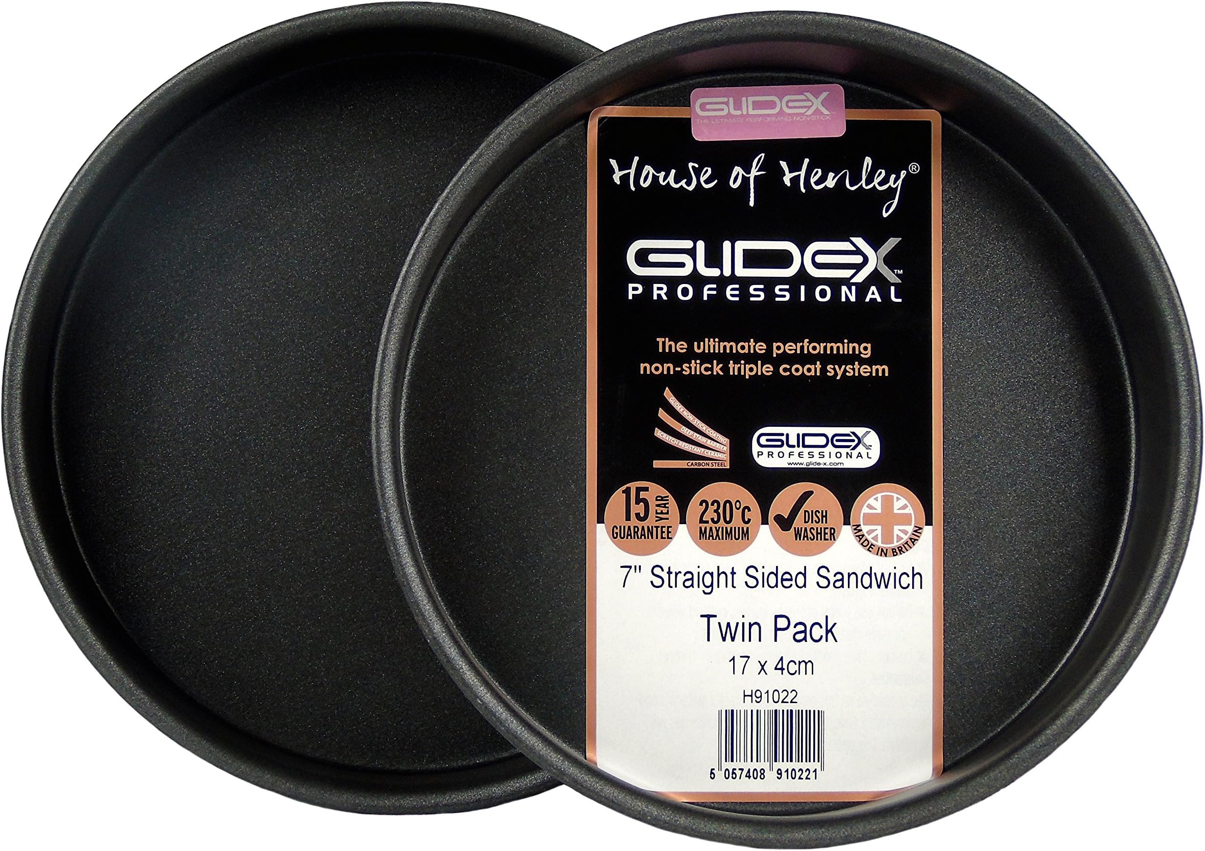 GlideX™ Professional Set of Two 17cm/ 7 Inch Fixed Base Straight Sided Non Stick Round Sandwich Cake Tin by House of Henley
